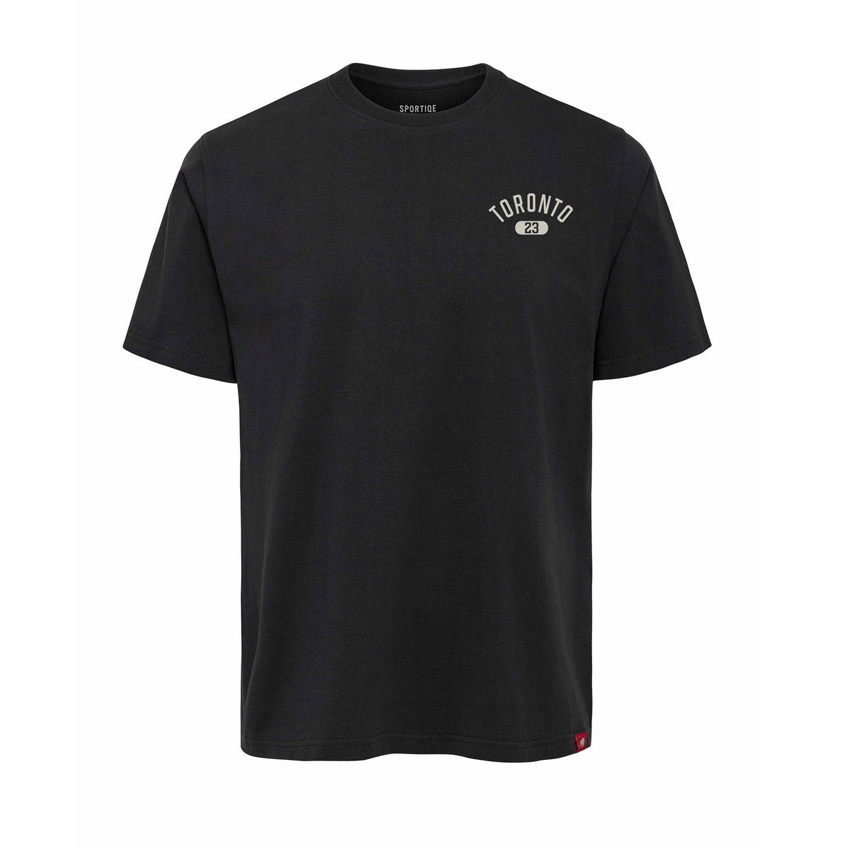 Front of a coal-color short sleeve shirt. On the left chest, 'TORONTO' in white arched writing with '23' in a white oval below it. 