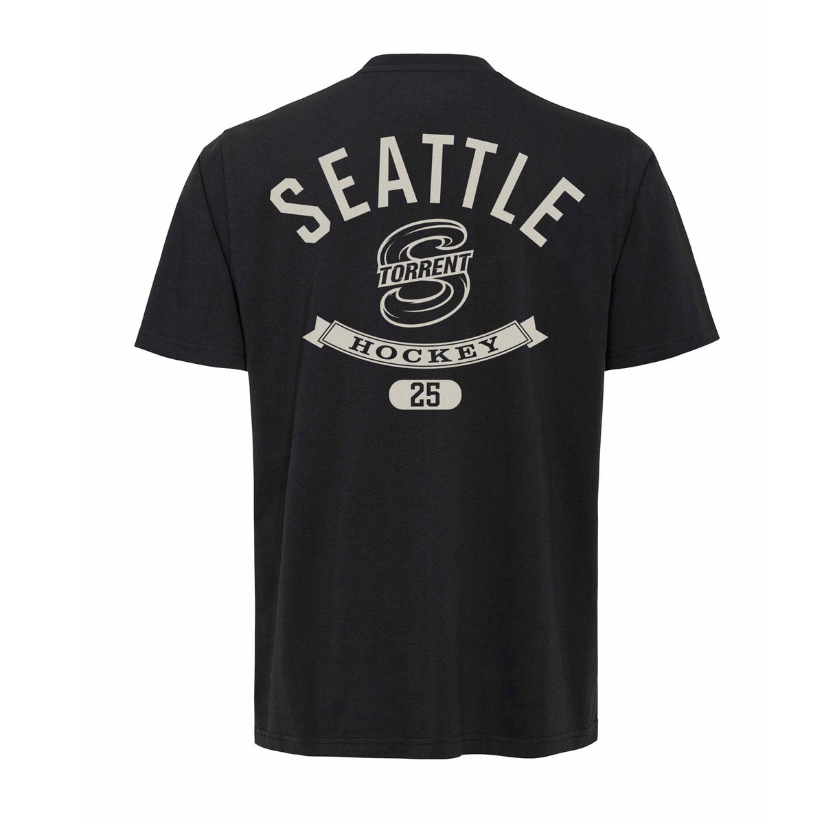 The back of a black short sleeve shirt with a white Seattle Torrent logo. Above it is 'SEATTLE' in white and below it is a robin with 'HOCKEY' cut out of it and an ovel with '25' cut out.