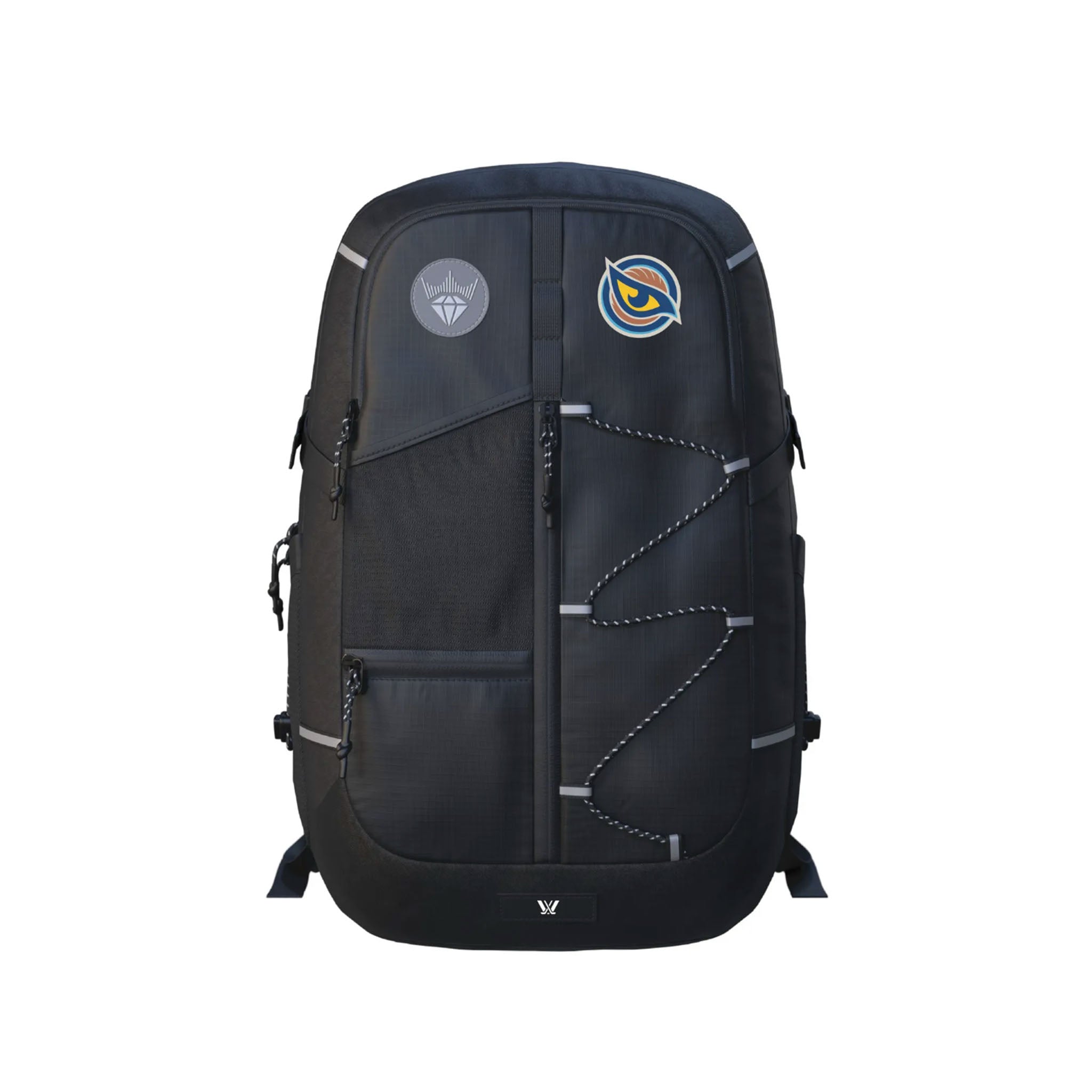 A black backpack with multiple zippered compartments, silver reflective straps, and two circular logos on the front, shown against a plain white background.