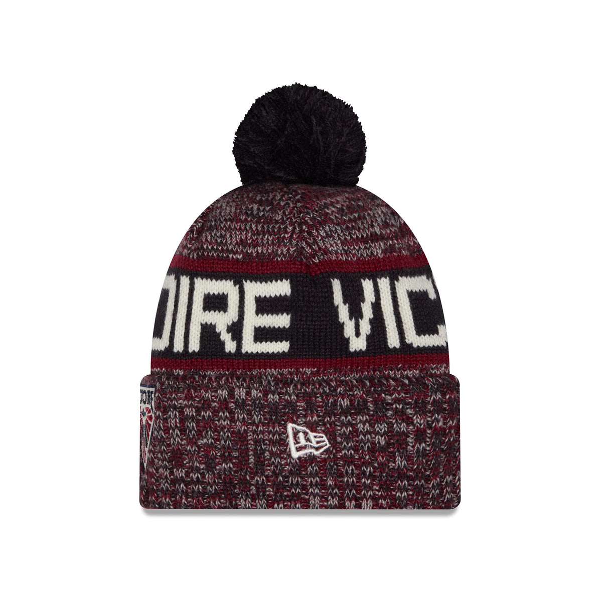 Side of a youth heathered maroon knit pom-pom Montreal Victoire beanie hat featuring large black and maroon stripe, VICTOIRE stitched into stripe and a folded cuff with embroidered New Era Logo.