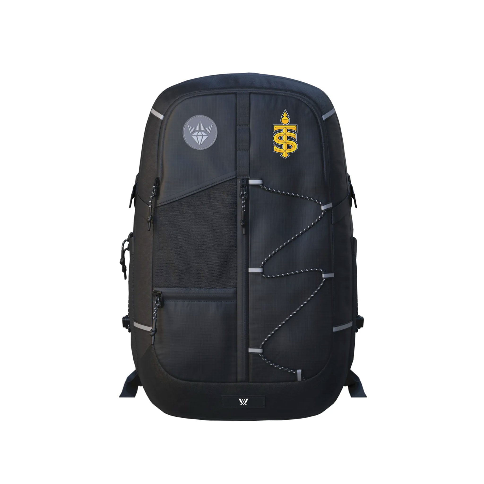 A black backpack with multiple zippered compartments, silver reflective straps, and two circular logo patches on the front, shown against a plain white background.
