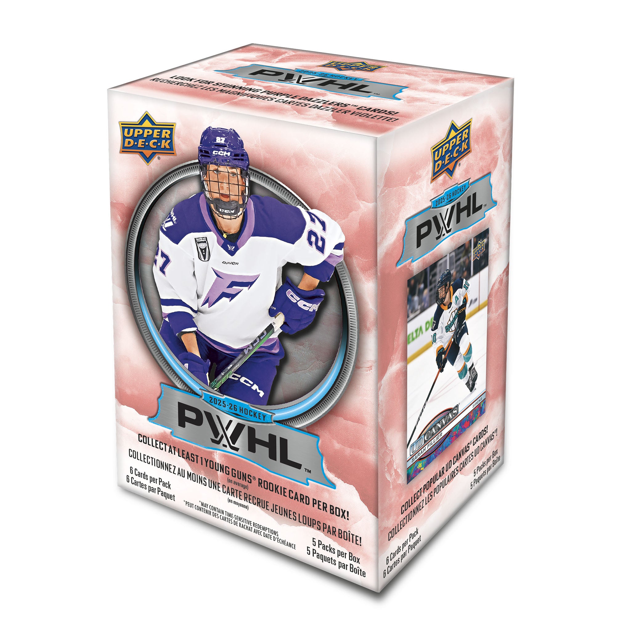 A box of Upper Deck PWHL (Professional Women's Hockey League) hockey trading cards, featuring a purple and white hockey player on the front.