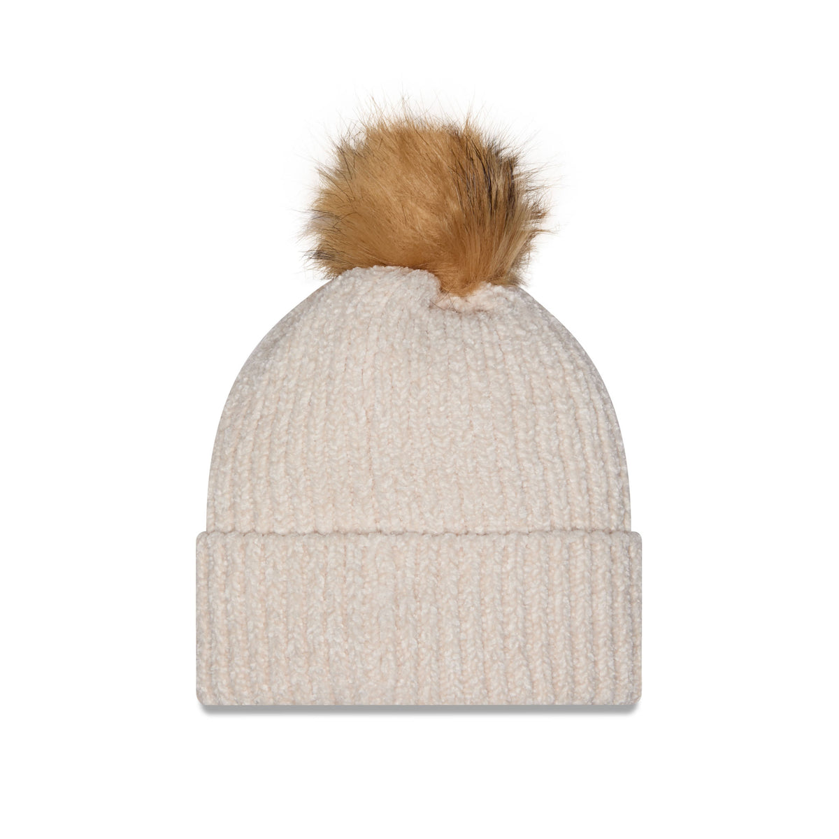 Back of cream-colored ribbed knit Seattle Torrent beanie hat with a brown faux-fur pom-pom on top and a cuffed brim.