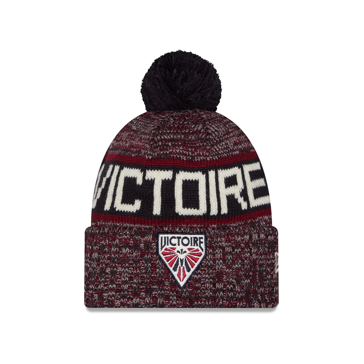 A youth heathered maroon knit pom-pom Montreal Victoire beanie hat featuring large black and maroon stripe, VICTOIRE stitched into stripe and embroidered Montreal Victoire logo displayed on a folded cuff.