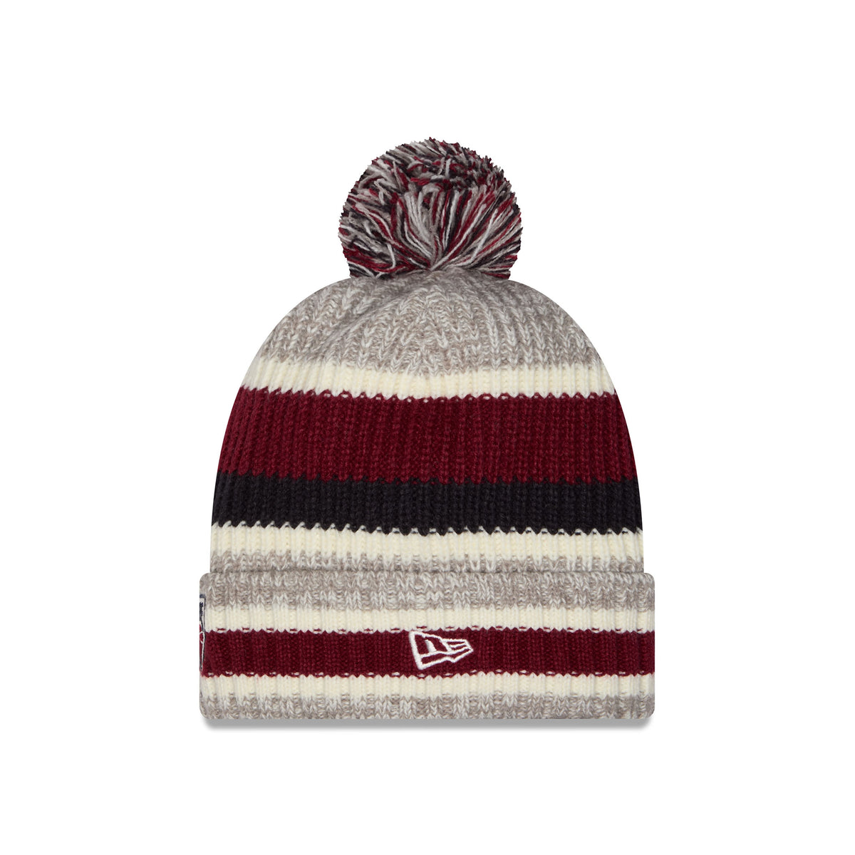 Side of a knit pom-pom Montreal Victoire beanie hat featuring horizontal stripes in heather gray, burgundy, cream, and black, with a folded cuff featuring a New Era Logo.