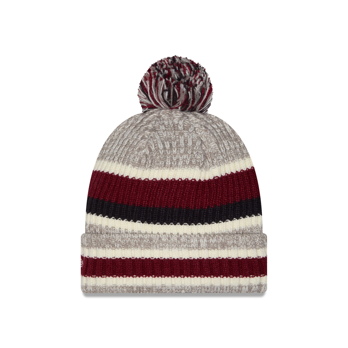 Back of a knit pom-pom Montreal Victoire beanie hat featuring horizontal stripes in heather gray, burgundy, cream, and black, with a folded cuff.