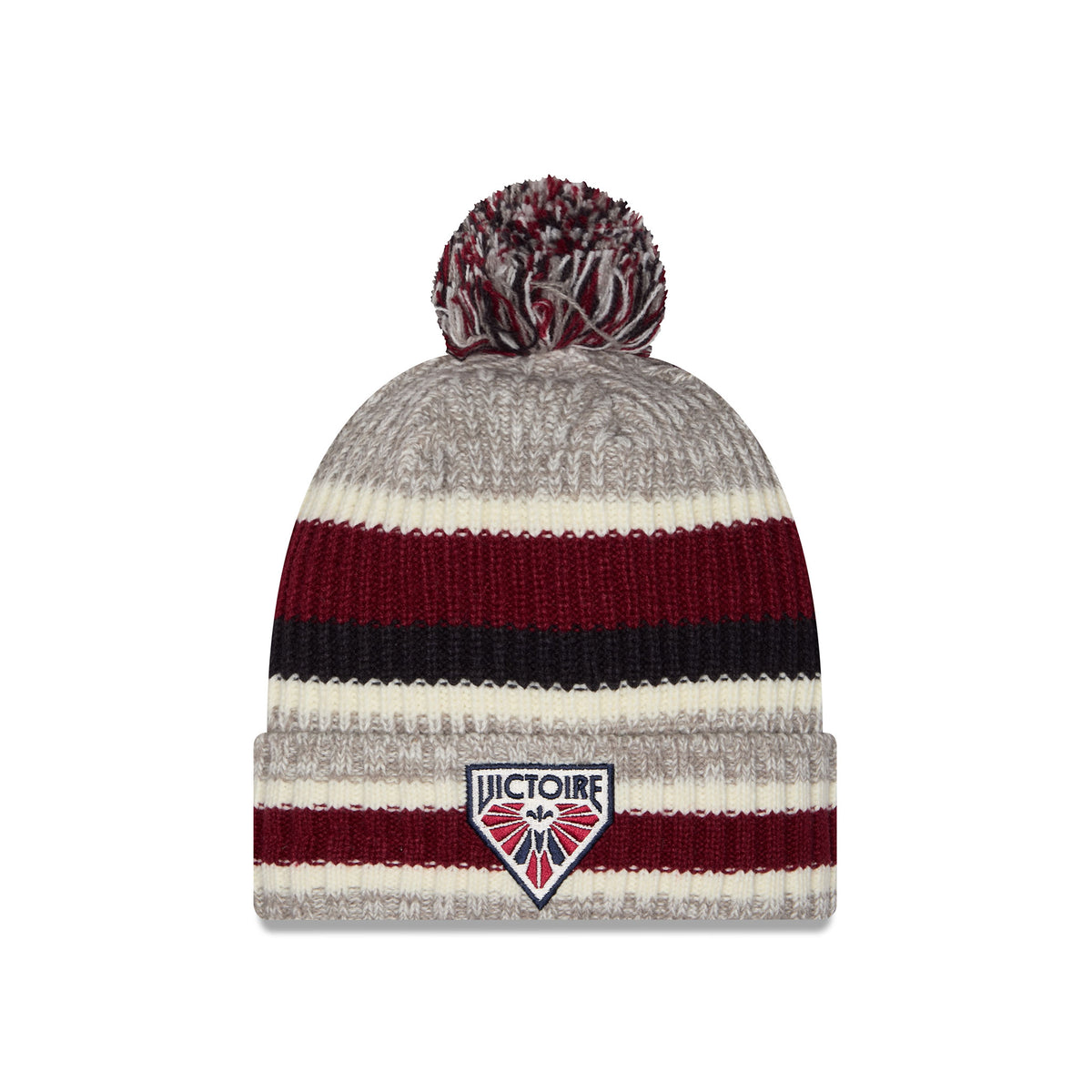 A knit pom-pom Montreal Victoire beanie hat featuring horizontal stripes in heather gray, burgundy, cream, and black, with a folded cuff displaying embroidered Montreal Victoire Logo.