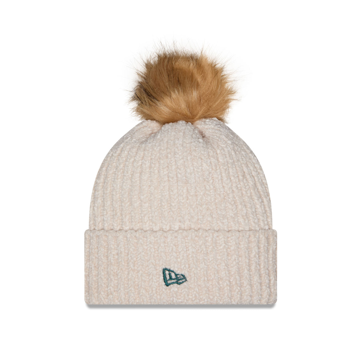 Side of cream-colored ribbed knit Seattle Torrent beanie hat with a brown faux-fur pom-pom on top and a cuffed brim with turquoise New Era Logo.
