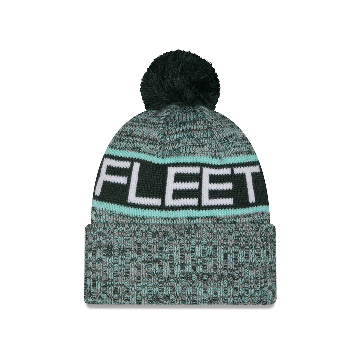 Back of a heathered knit pom-pom Boston Fleet beanie hat featuring large green and blue stripe, FLEET stitched into stripe and a folded cuff.