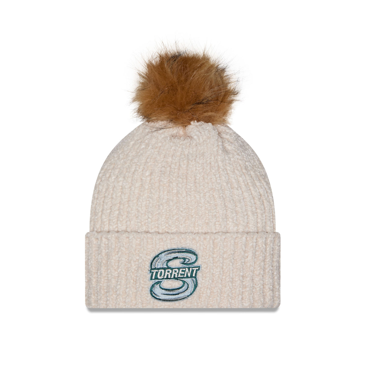 Front of cream-colored ribbed knit beanie hat with a brown faux-fur pom-pom on top and a cuffed brim featuring a Seattle Torrent logo.