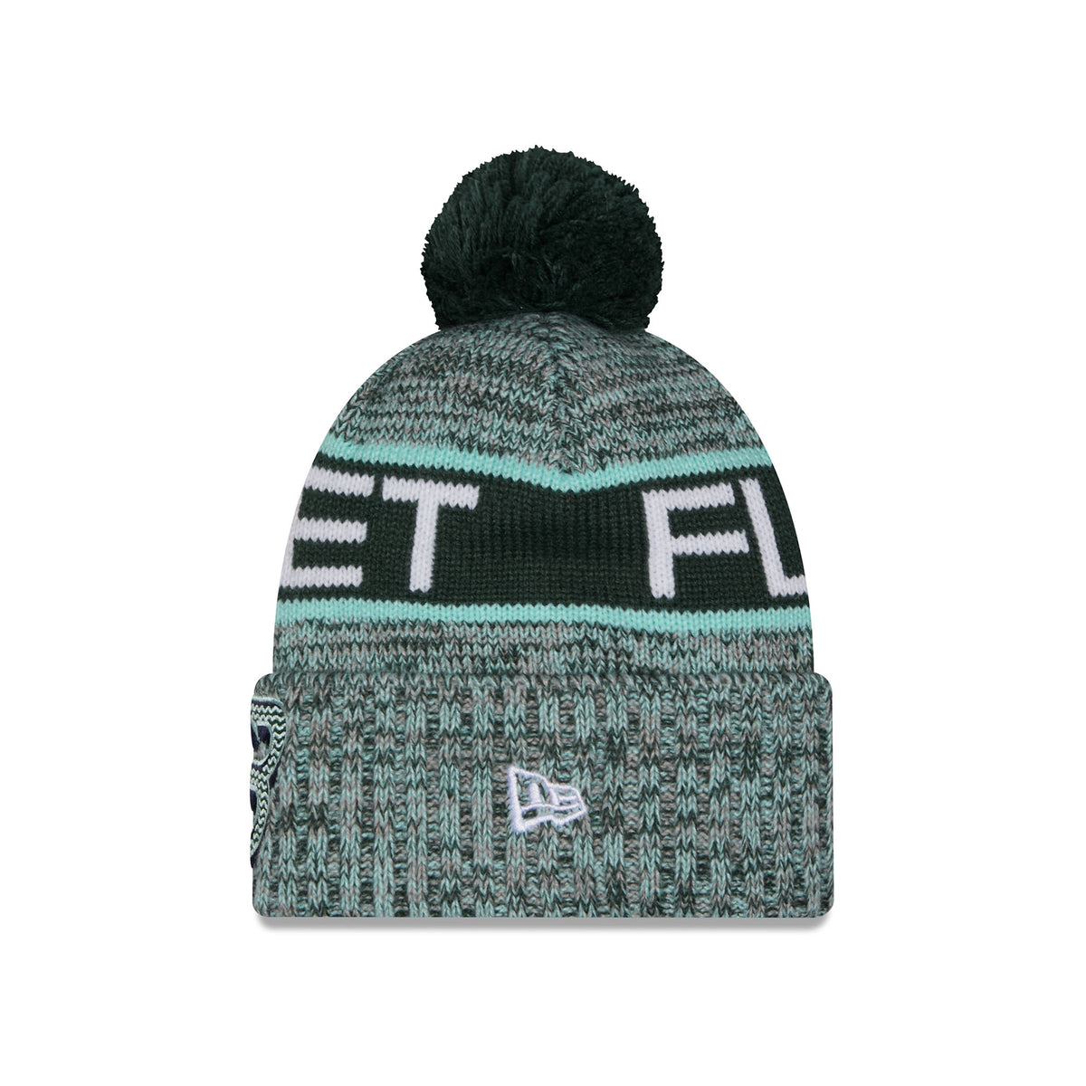 Side of a heathered knit pom-pom Boston Fleet beanie hat featuring large green and blue stripe, FLEET stitched into stripe and a folded cuff with embroidered New Era Logo.