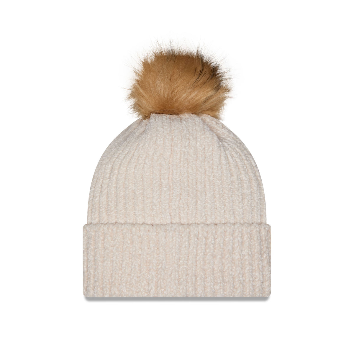 Back of cream-colored ribbed knit Ottawa Charge beanie hat with a brown faux-fur pom-pom on top and a cuffed brim.