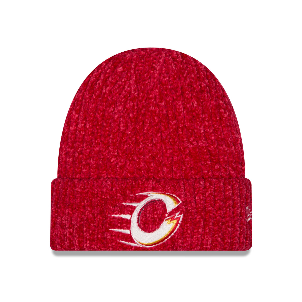 Front of red knit beanie with a folded cuff, featuring a central embroidered logo for the Ottawa Charge.