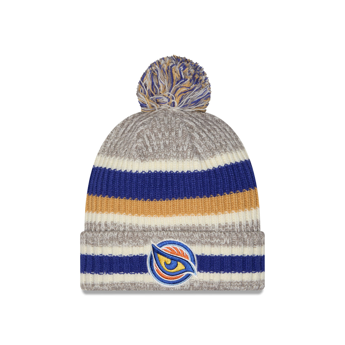 A knit pom-pom Vancouver Goldeneyes beanie hat featuring horizontal stripes in heather gray, blue, cream, and gold, with a folded cuff displaying embroidered Vancouver Goldeneyes Logo.