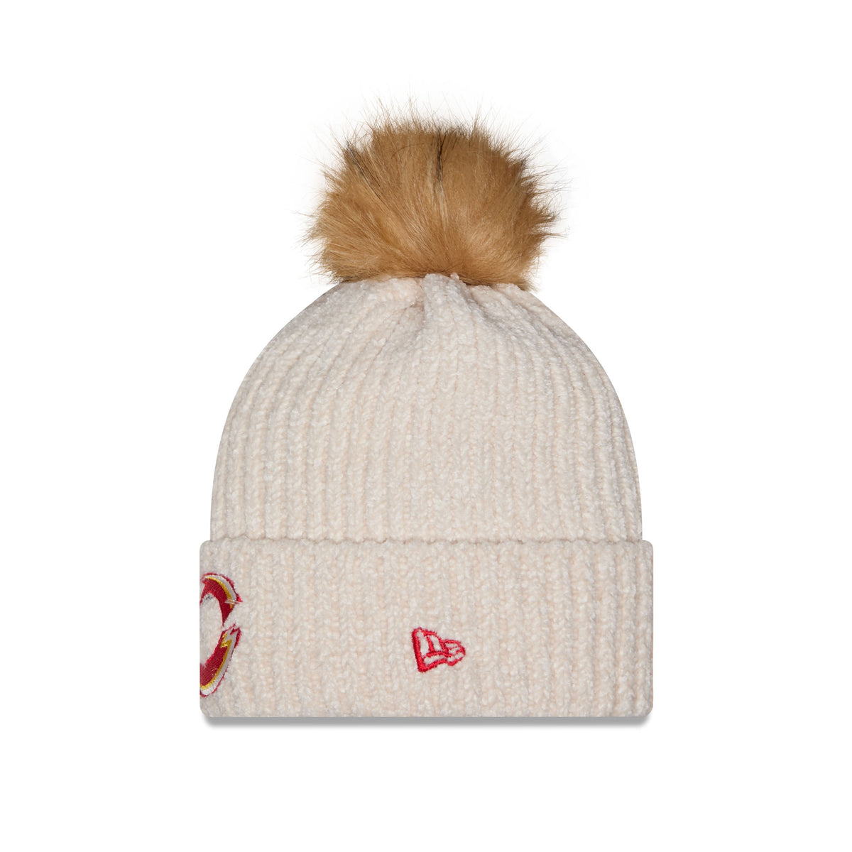 Side of cream-colored ribbed knit Ottawa Charge beanie hat with a brown faux-fur pom-pom on top and a cuffed brim with red New Era Logo.