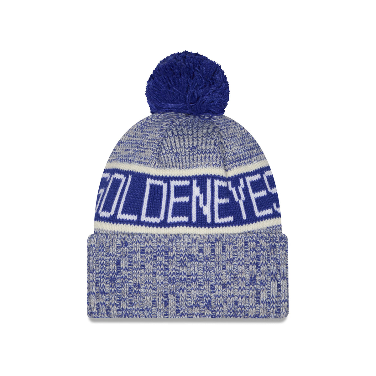 Back of a youth heathered blue knit pom-pom Vancouver Goldeneyes beanie hat featuring large blue and white stripe, GOLDENEYES stitched into stripe and a folded cuff. 
