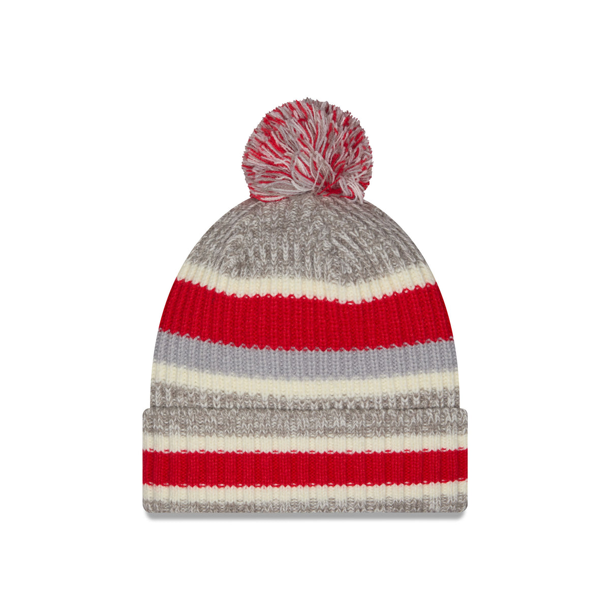 Back of a knit pom-pom Ottawa Charge beanie hat featuring horizontal stripes in heather gray, red, cream, and gray, with a folded cuff.