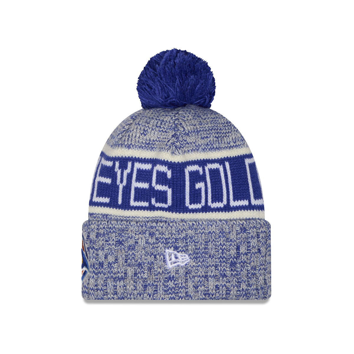Side of a youth heathered blue knit pom-pom Vancouver Goldeneyes beanie hat featuring large blue and white stripe, GOLDENEYES stitched into stripe and a folded cuff with embroidered New Era Logo. 