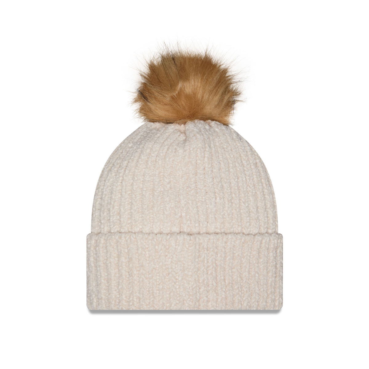 Back of cream-colored ribbed knit Boston Fleet beanie hat with a brown faux-fur pom-pom on top and a cuffed brim.