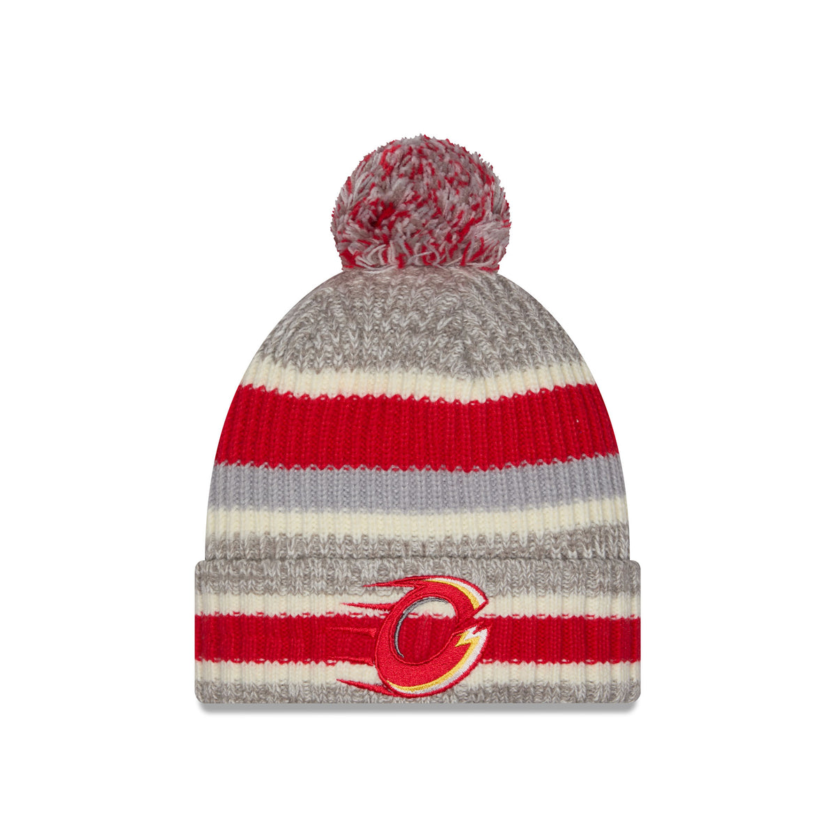 A knit pom-pom Ottawa Charge beanie hat featuring horizontal stripes in heather gray, red, cream, and gray, with a folded cuff displaying embroidered Ottawa Cahrge Logo.