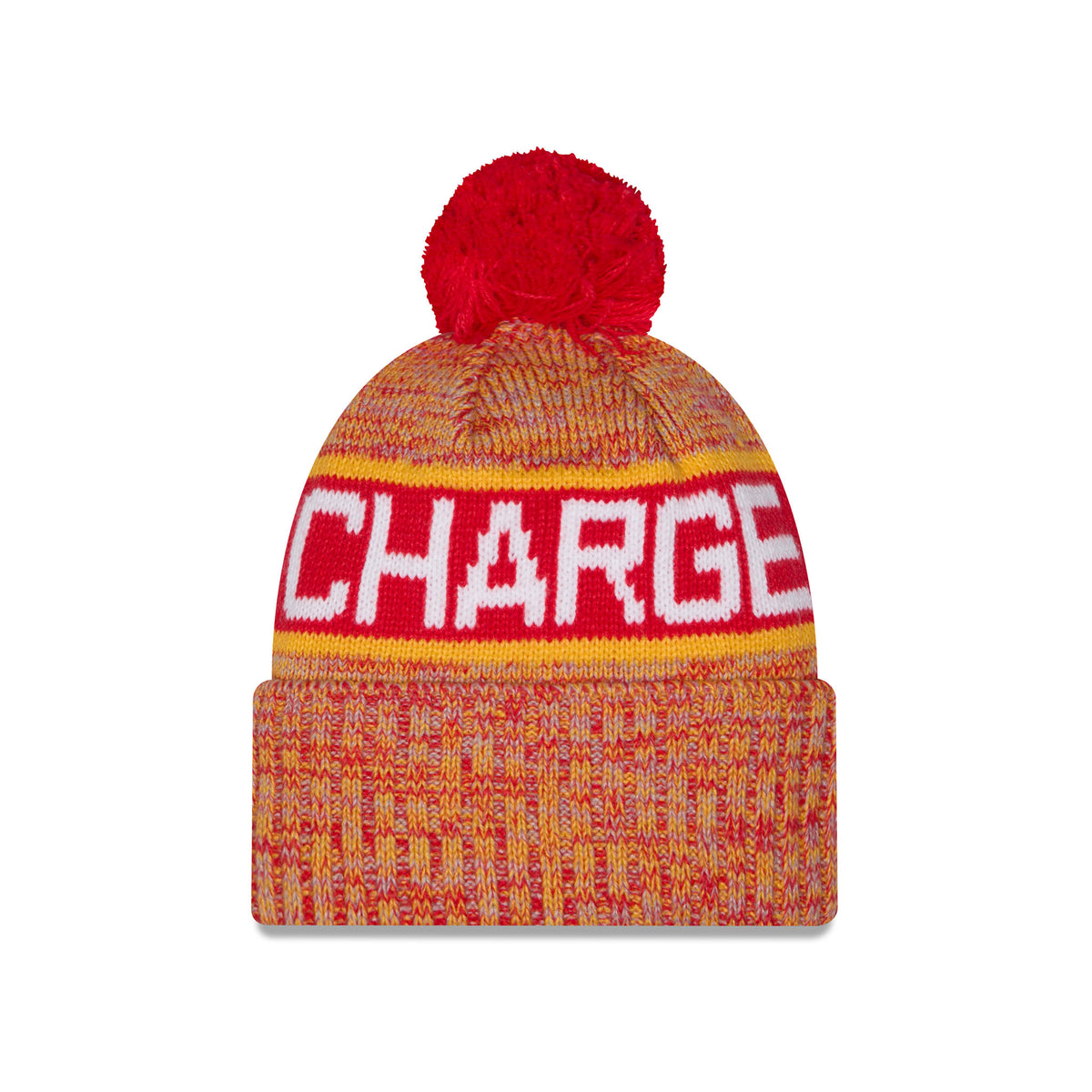 Back of a youth heathered red knit pom-pom Ottawa Charge beanie hat featuring large red and gold stripe, CHARGE stitched into stripe and a folded cuff.