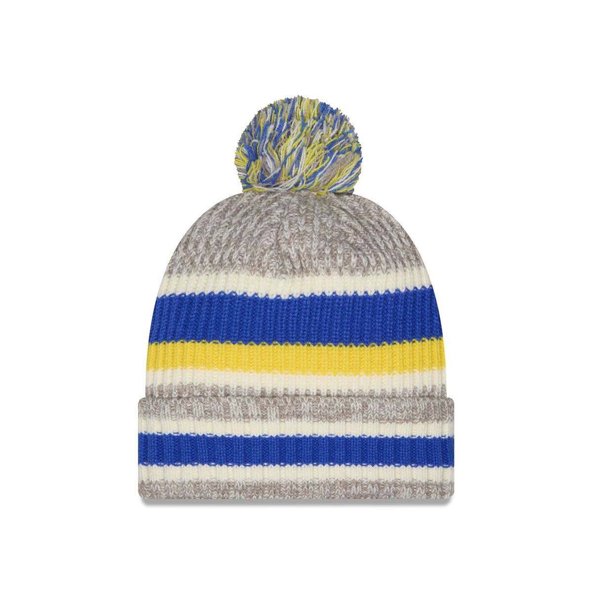 Back of a knit pom-pom Toronto Sceptres beanie hat featuring horizontal stripes in heather blue, yellow, and cream, with a folded cuff.