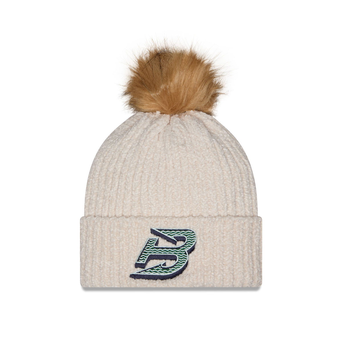 Front of cream-colored ribbed knit beanie hat with a brown faux-fur pom-pom on top and a cuffed brim featuring a Boston Fleet logo.