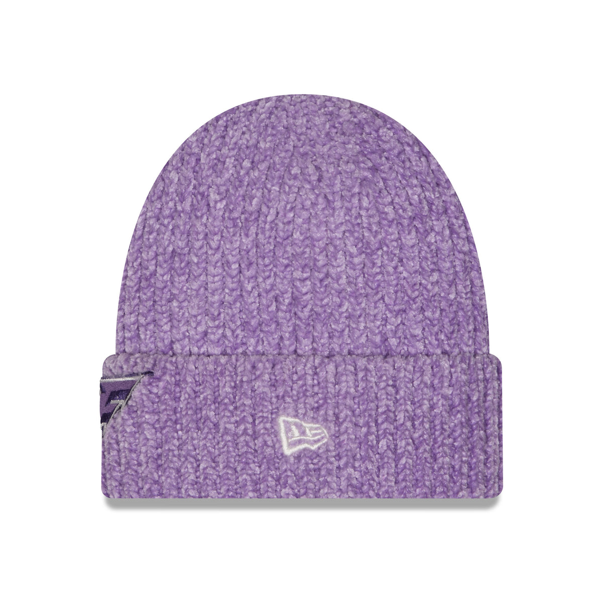 Side of purple knit Minnesota Frost beanie with a folded cuff, featuring a central embroidered New Era logo.