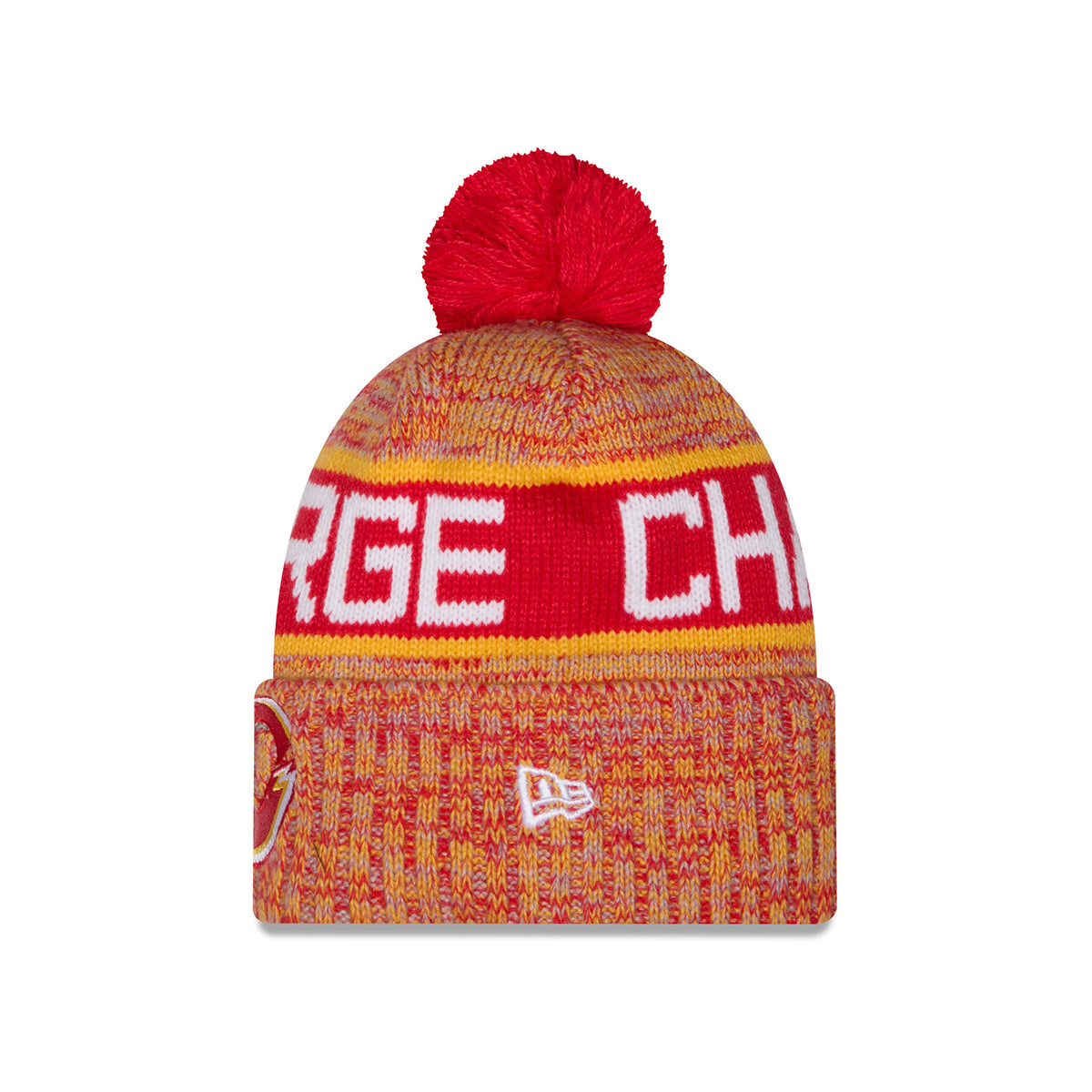 Side of a youth heathered red knit pom-pom Ottawa Charge beanie hat featuring large red and gold stripe, CHARGE stitched into stripe and a folded cuff with embroidered New Era Logo.