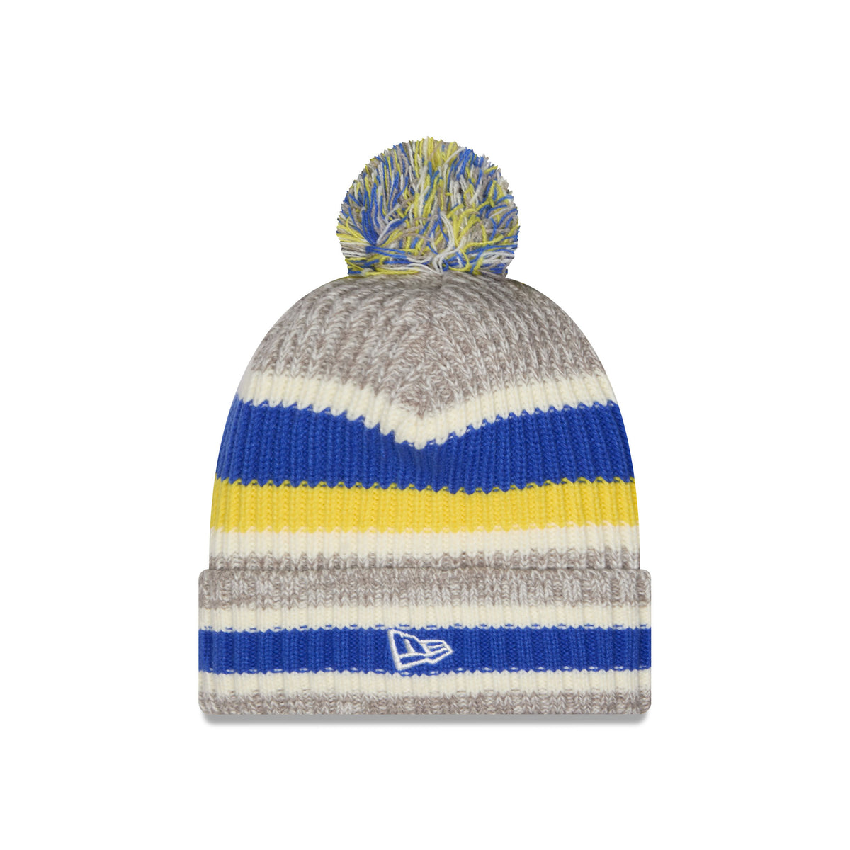 Side of a knit pom-pom Toronto Sceptres beanie hat featuring horizontal stripes in heather blue, yellow, and cream, with a folded cuff featuring a New Era Logo.