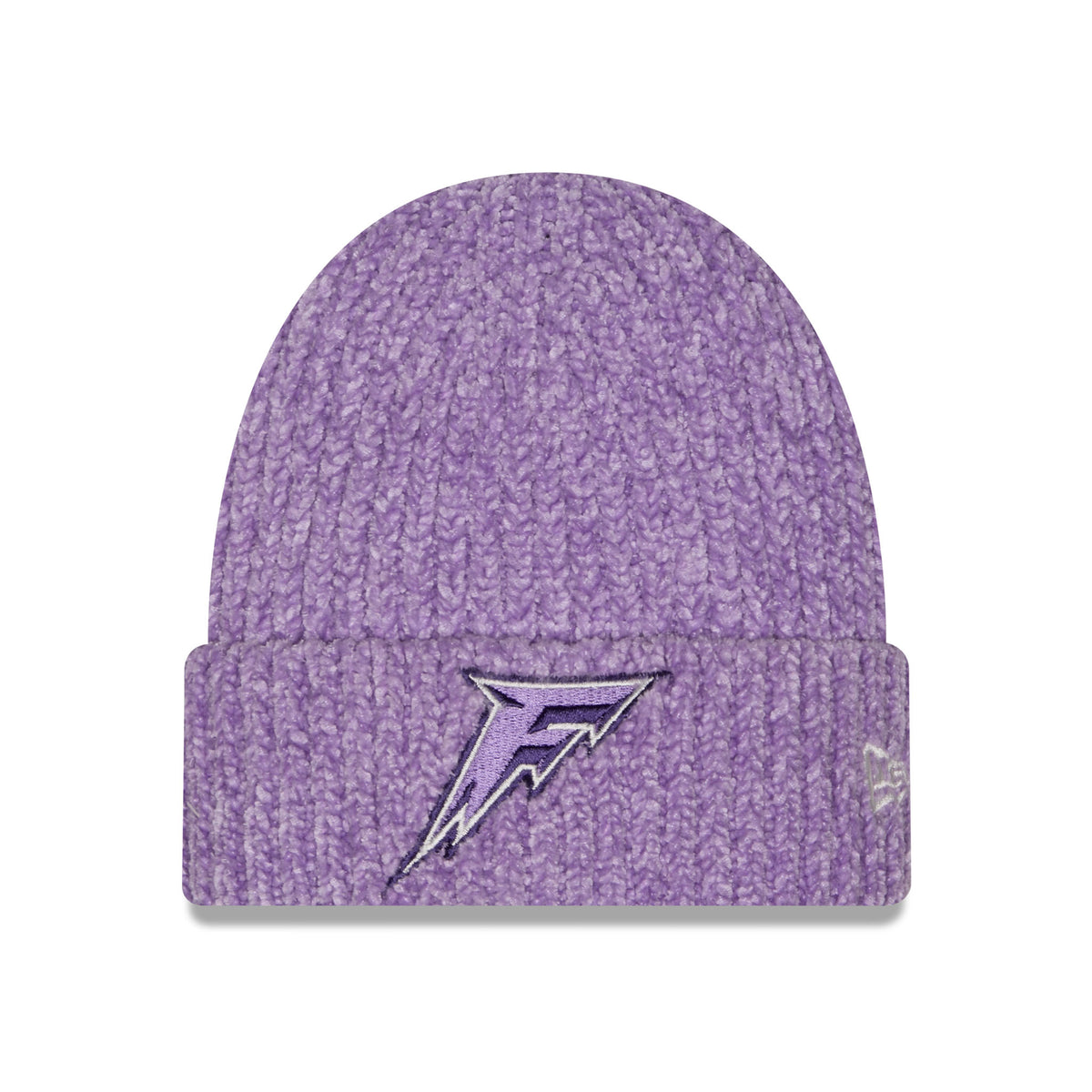 Front of purple knit beanie with a folded cuff, featuring a central embroidered logo for the Minnesota Frost.