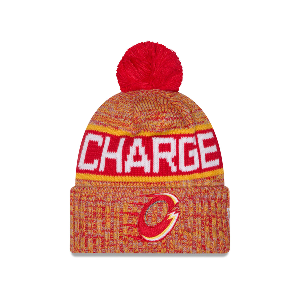 A youth heathered red knit pom-pom Ottawa Charge beanie hat featuring large red and gold stripe, CHARGE stitched into stripe and embroidered Ottawa Charge logo displayed on a folded cuff.