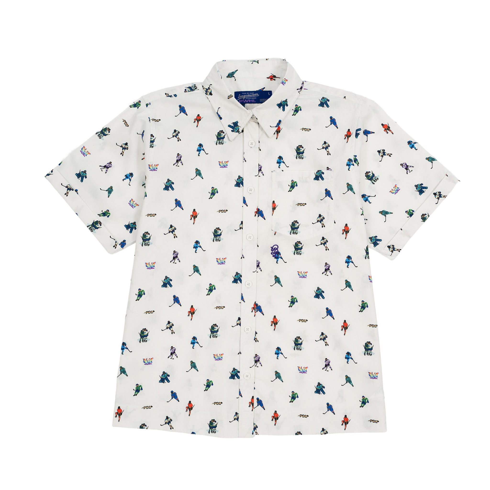 Short-sleeve shirt with sports-themed pattern on a white background