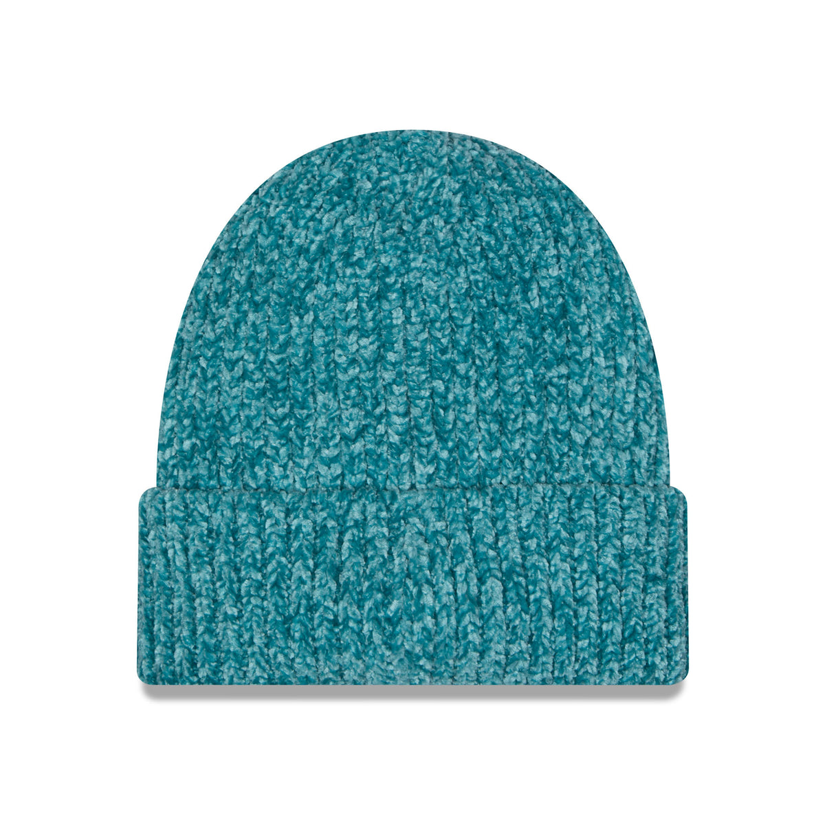 Back of teal knit New York Sirens beanie with a folded cuff.