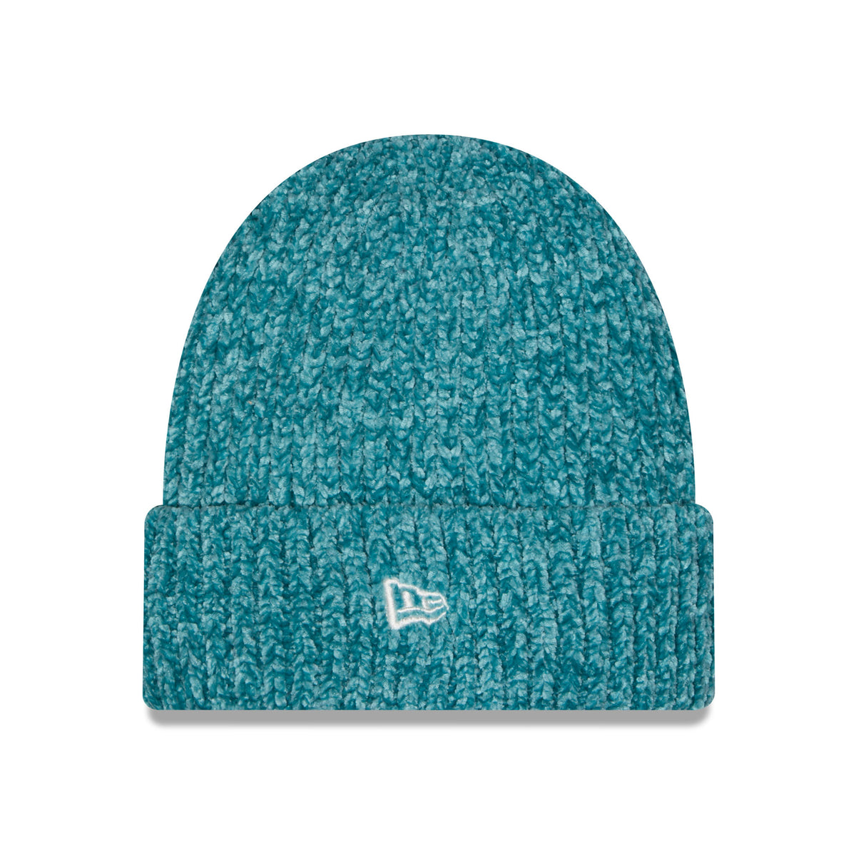 Side of teal knit New York Sirens beanie with a folded cuff, featuring a central embroidered New Era logo.