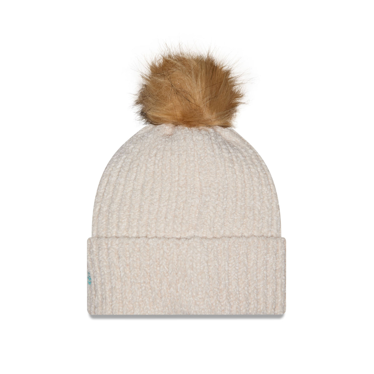Back of cream-colored ribbed knit New York Sirens beanie hat with a brown faux-fur pom-pom on top and a cuffed brim.