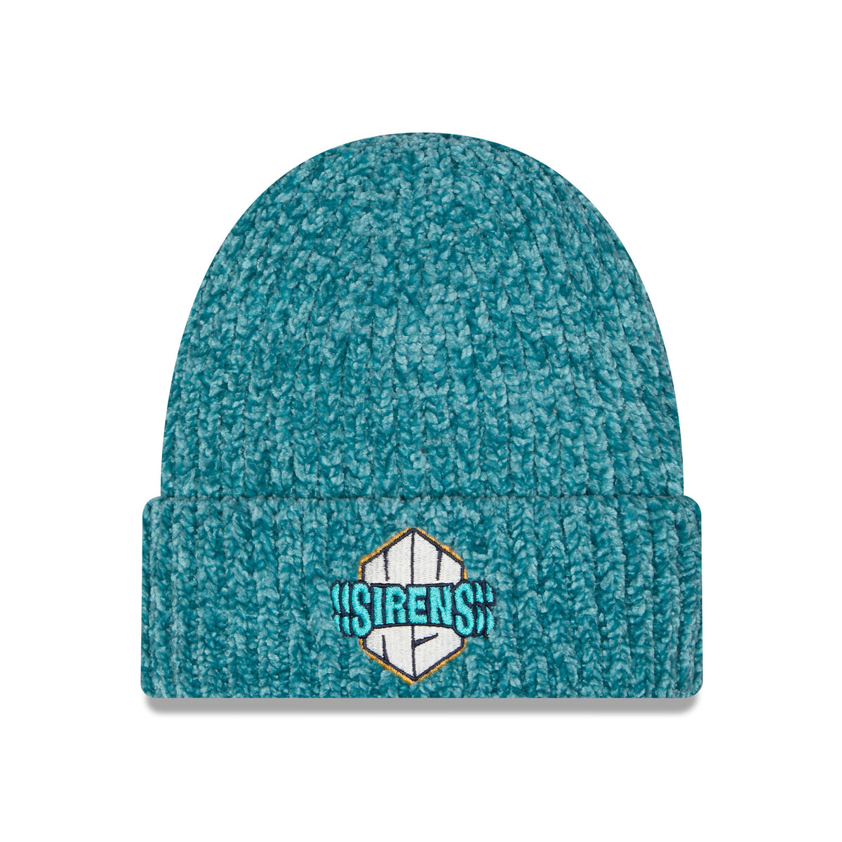 Front of teal knit beanie with a folded cuff, featuring a central embroidered logo for the New York Sirens.