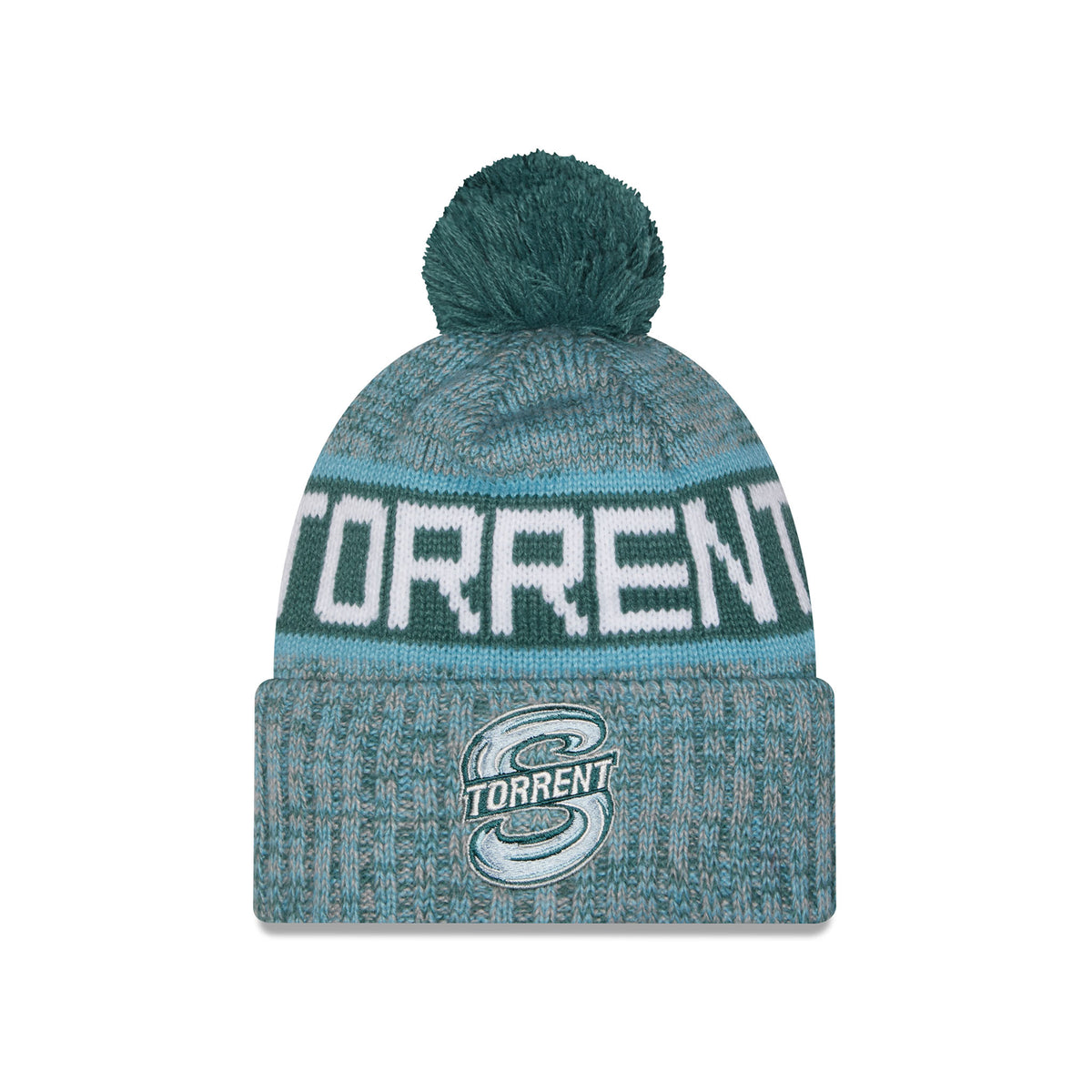A heathered knit pom-pom Seattle Torrent beanie hat featuring large turquoise and blue stripe, TORENT stitched into stripe and embroidered Seattle Torrent logo displayed on a folded cuff.