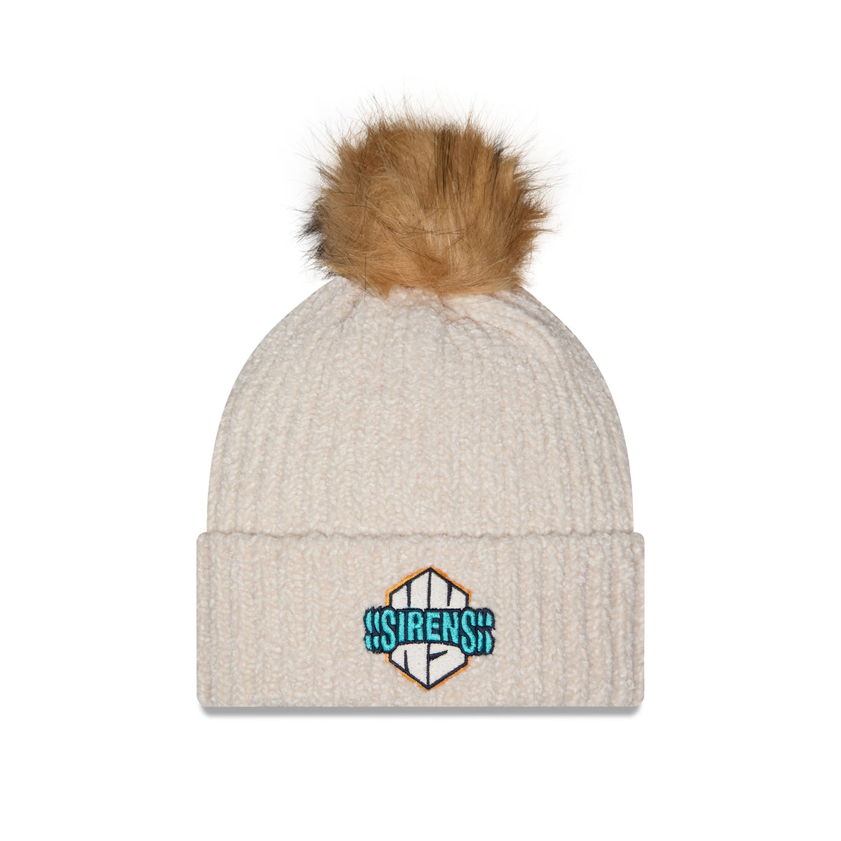 Front of cream-colored ribbed knit beanie hat with a brown faux-fur pom-pom on top and a cuffed brim featuring a New York Sirens logo.
