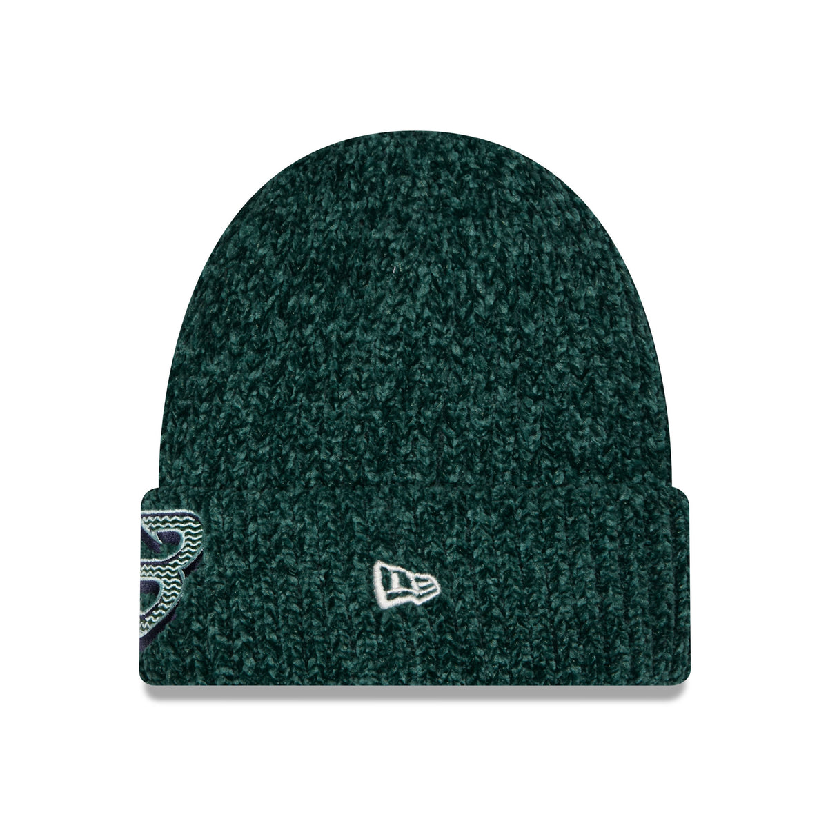 Side of green knit Boston Fleet beanie with a folded cuff, featuring a central embroidered New Era logo.