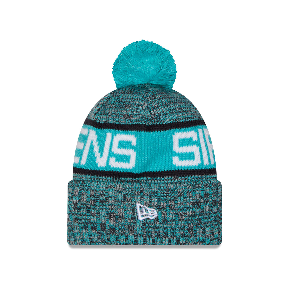 Side of a heathered knit pom-pom New York Sirens beanie hat featuring large blue and black stripe, SIRENS stitched into stripe and a folded cuff with embroidered New Era Logo.