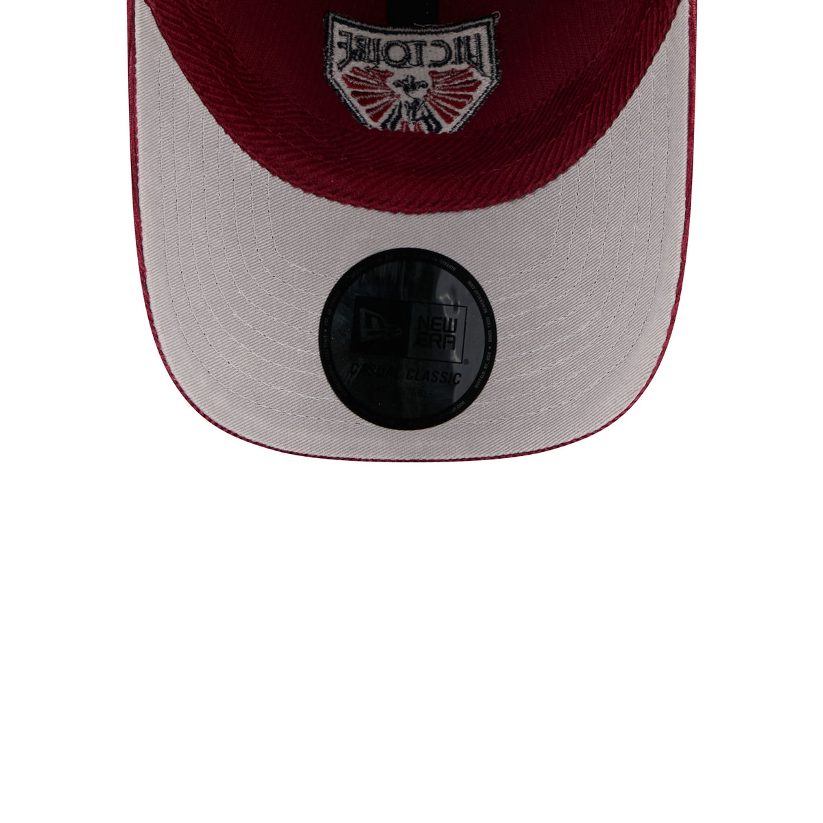 Maroon Corduroy Embroidered Montreal Victoire Logo Hat Under Brim Gray with Sticker