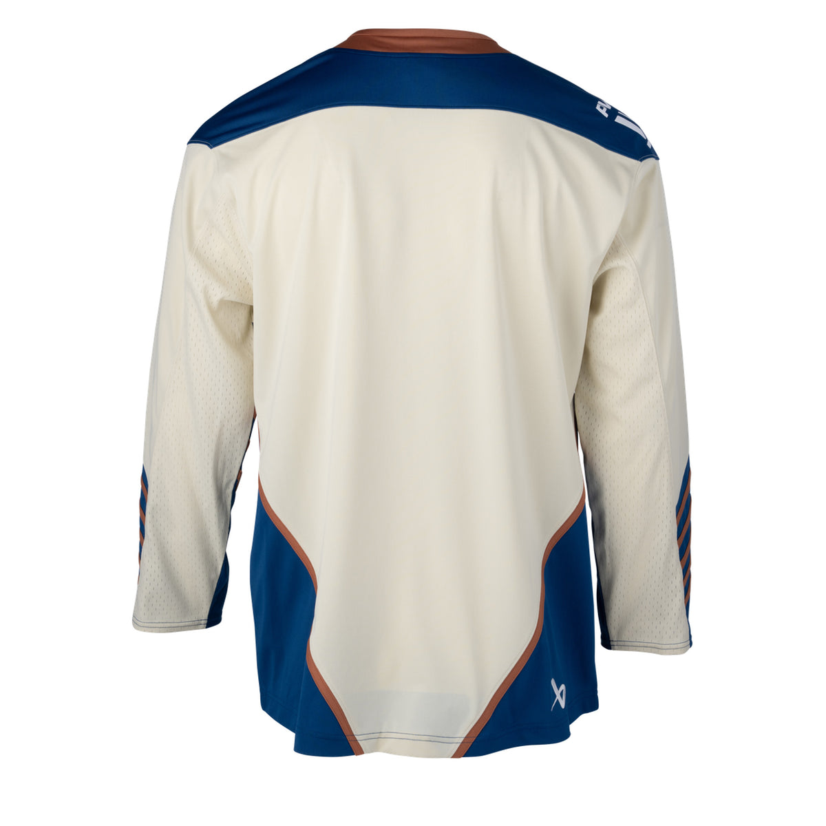 Back of a cream-colored jersey with blue color blocking on the hips with a tan line on top. The collar is tan and blue shoulder caps have the PWHL logo on the left shoulder. A Bauer logo is on the bottom left. 