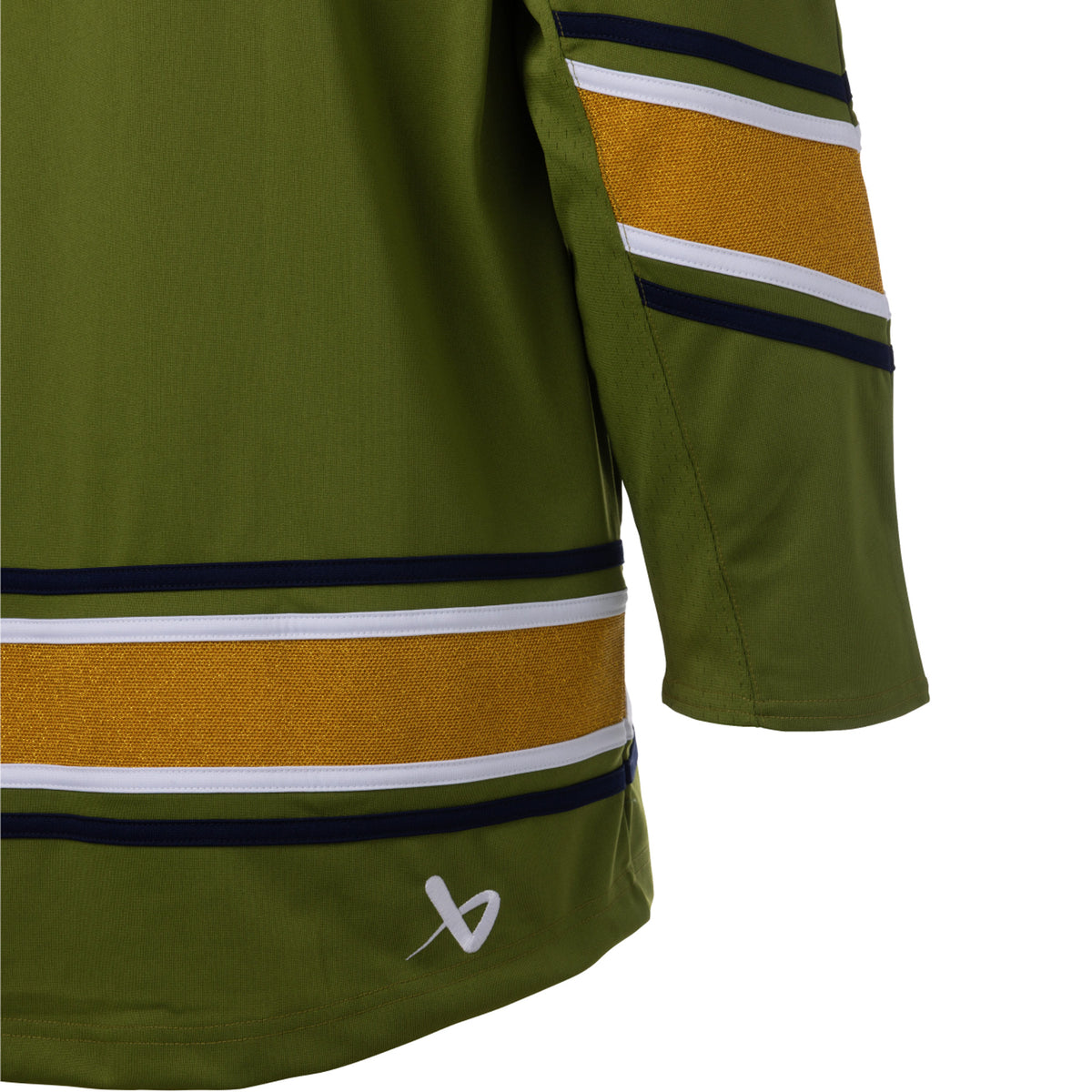 Back of a green jersey with sparkling gold shoulder caps and stripes along the sleeves and bottom hem surrounded by white and black stripes. A white Bauer logo is above the bottom right hem.
