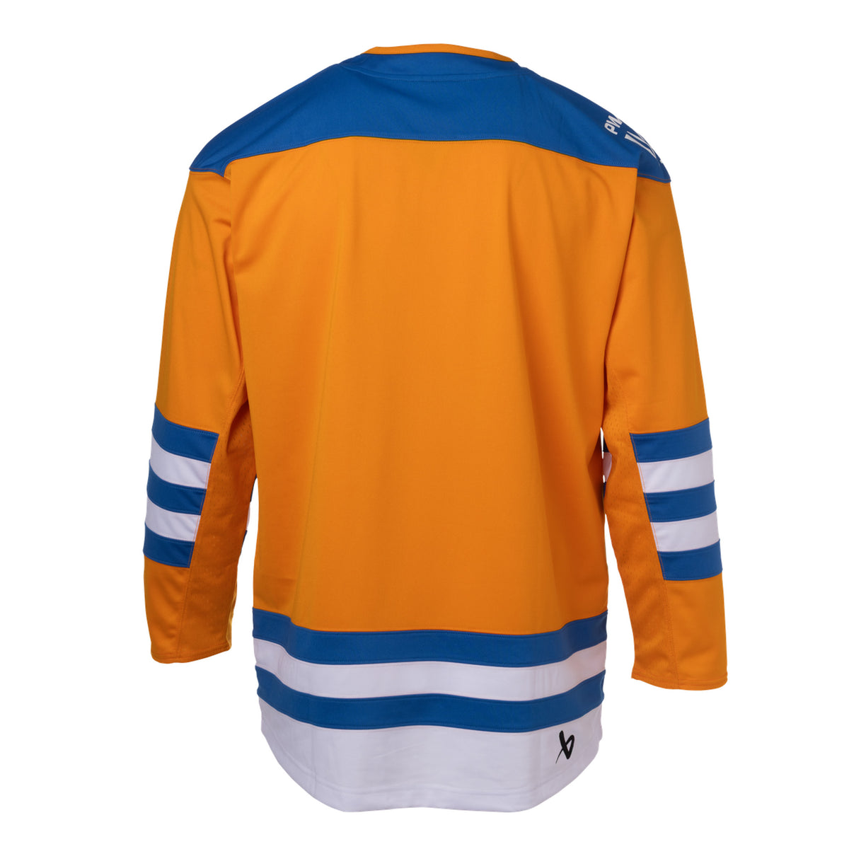 Back of an orange jersey with blue shoulder caps and blue and white stripes along the sleeves and bottom hem. A white PWHL logo is on the right shoulder and a black Bauer logo is above the bottom right hem. 