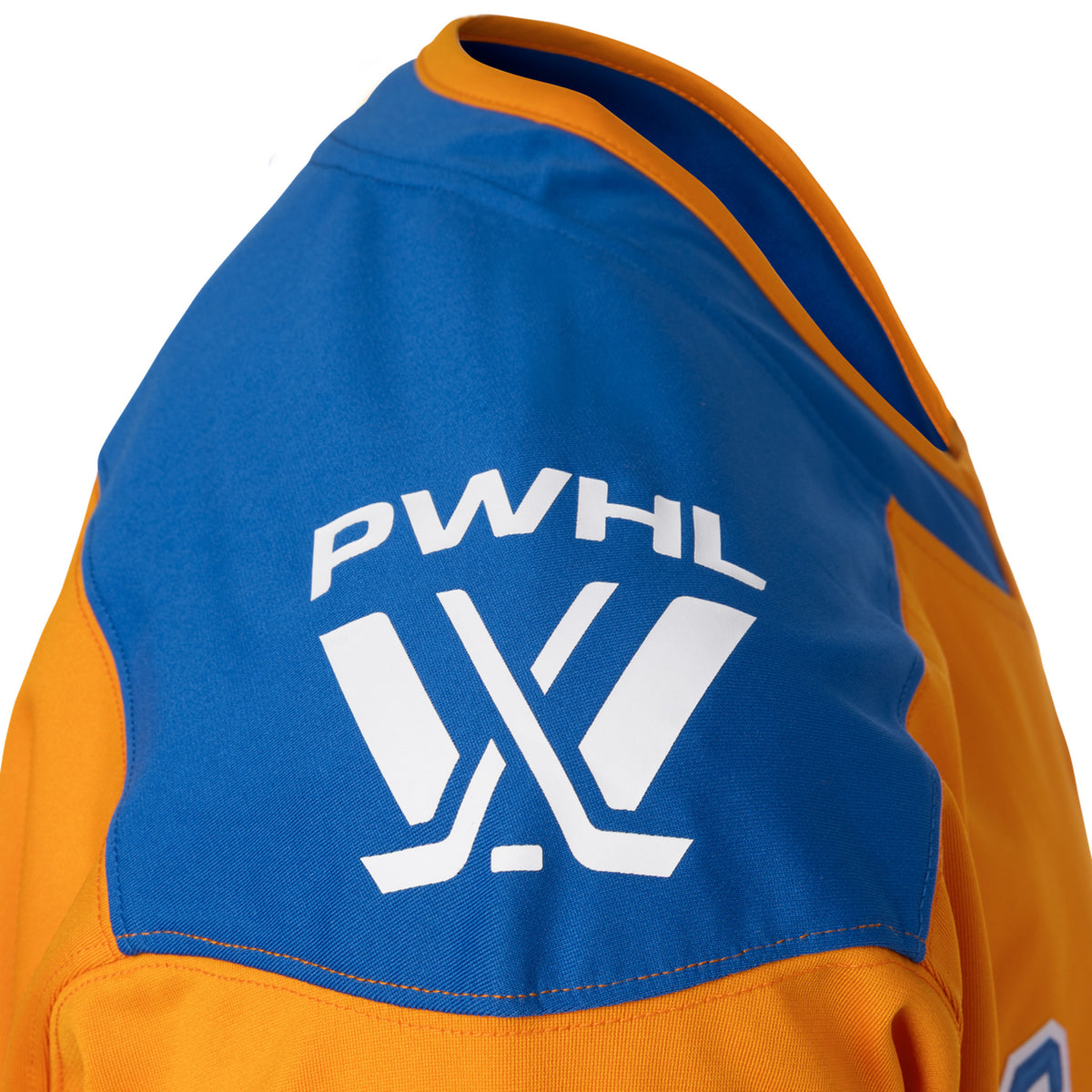 The blue right shoulder of an orange jersey with orange trim on the collar. A white PHLW logo is on the right shoulder. 