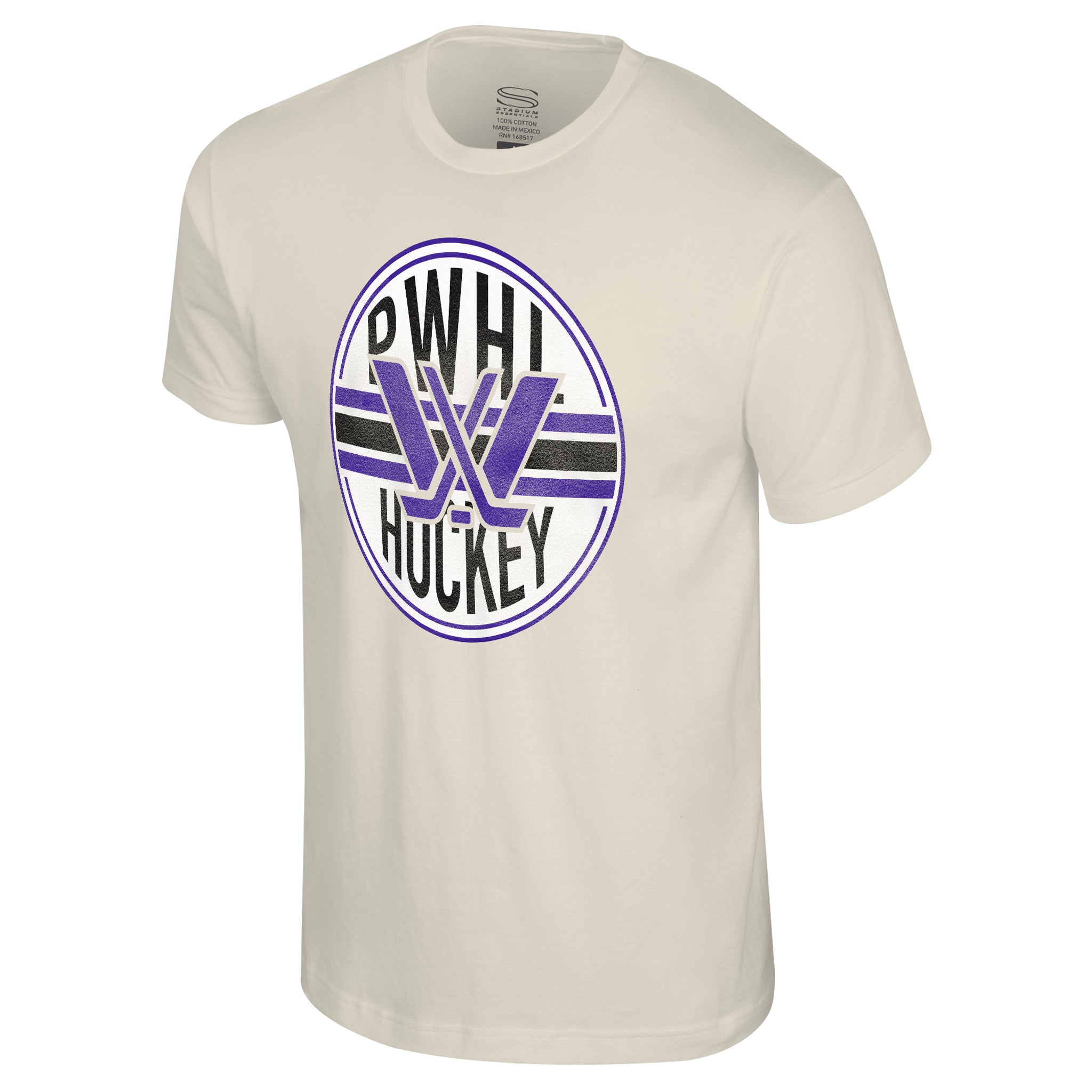 An off-white short-sleeve crewneck t-shirt featuring a circular 'PWHL HOCKEY' logo on the chest in purple, black, and white.