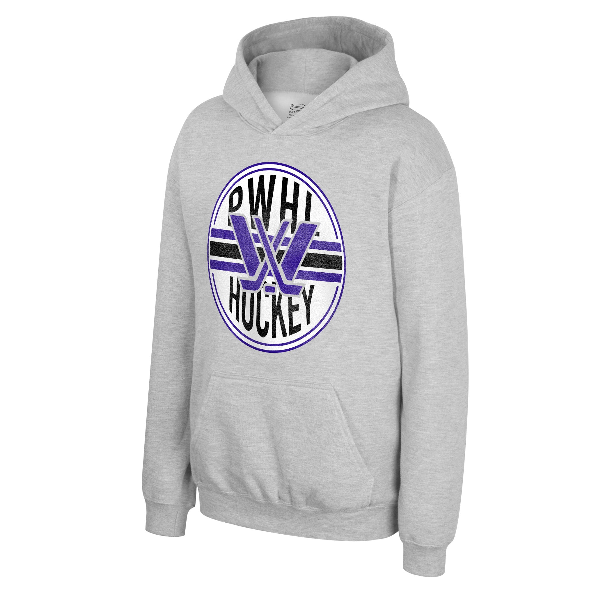 A light heather gray pullover hoodie featuring a circular 'PWHI Hockey' graphic on the chest in purple, black, and white.