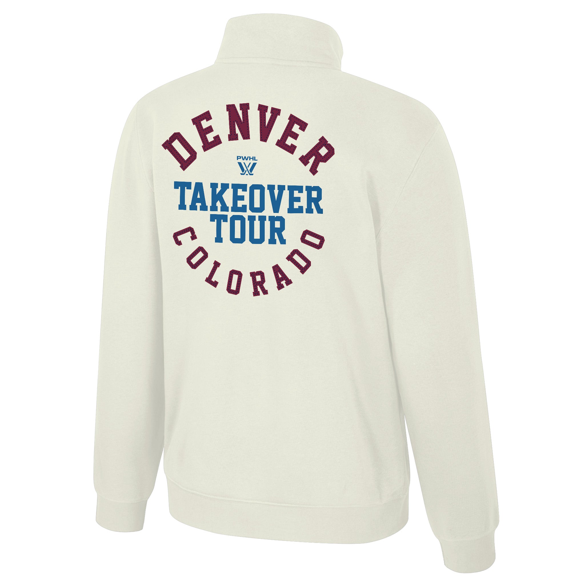 An off-white quarter-zip sweatshirt shown from the back, featuring a maroon and blue graphic that reads 'DENVER TAKEOVER TOUR COLORADO' 