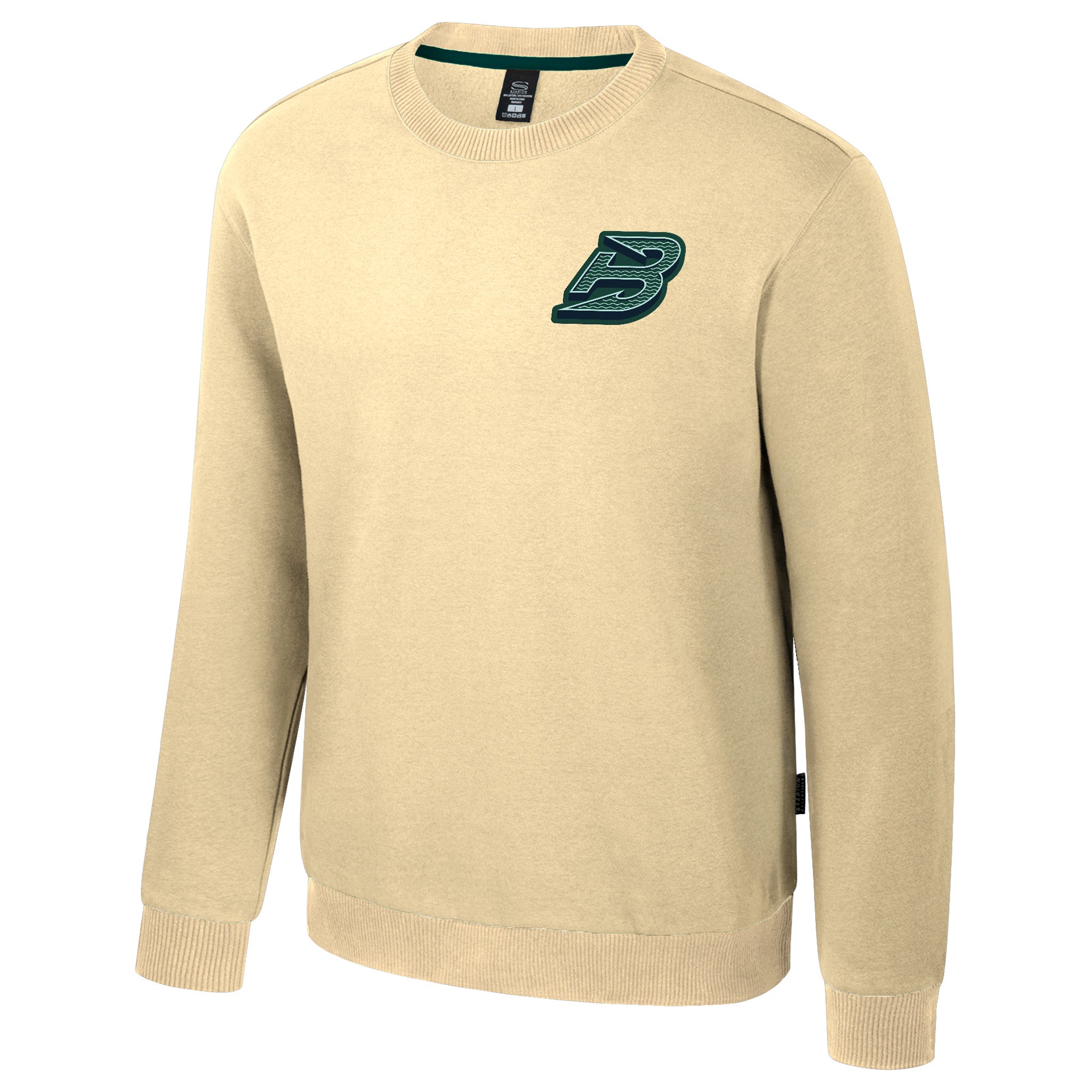 Cream sweater with a green logo on a white background